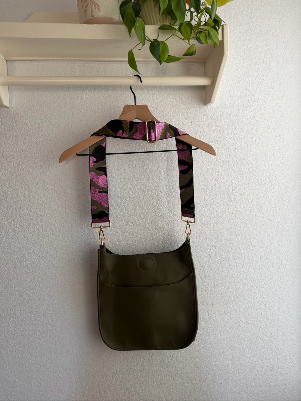 Ahdorned Olive Vegan Leather Messenger Crossbody w/ Pink Camo Guitar Strap